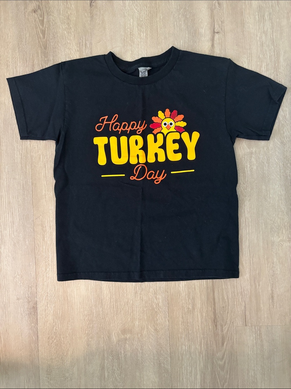 Gildan Black Tee with Yellow & Orange 'Happy Turkey Day' Graphic